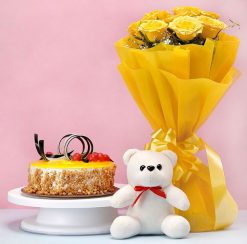 Butterscotch Combo with Teddy & Flowers - A heartfelt gesture for any occasion, combining sweetness, cuddliness, and beauty in one package.