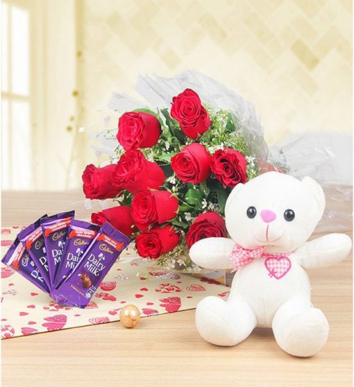 Teddy with Chocolates & Flowers