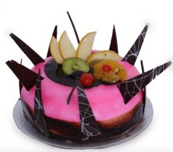 Designer Fruit Cake: A delectable masterpiece adorned with a variety of fresh fruits, perfect for adding elegance to any occasion.