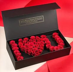 Love Arrangement Roses in Black Box, a romantic gift for expressing love on special occasions, beautifully presented in a stylish box.