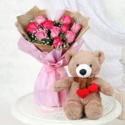Pink Dream Gift Combo featuring roses, chocolates, and a plush toy, ideal for gifting on special occasions like Mother's Day.