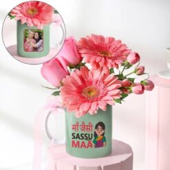 Personalized Saasu Maa Mug Arrangement with Flowers and Greenery