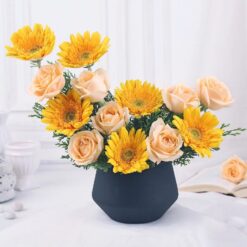 Gleaming Rose and Gerbera Ensemble - A stunning floral arrangement with metallic accents. Order now for an elegant touch!