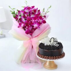 Orchids bouquet paired with chocolate cake, a perfect blend of elegance and indulgence for any occasion.