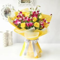 A bouquet featuring a blend of orchids and roses, a beautiful combination perfect for any occasion.