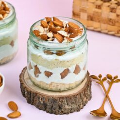 Set of six jars filled with delicious pineapple almond cakes, perfect for enjoying tropical flavors and exotic bliss.