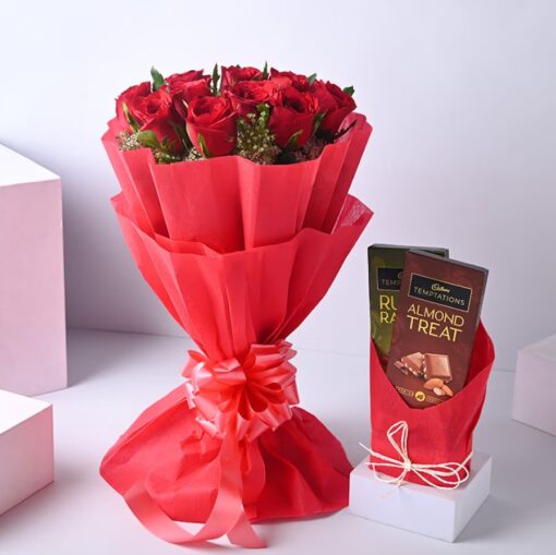 Ravishing Red Roses & Chocolates Ensemble: A stunning combination of flowers and chocolates, perfect for gifting on any occasion.
