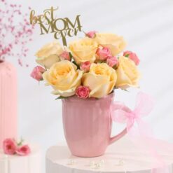 Peach Dream bouquet for mom - Peach roses and white lilies in a vase