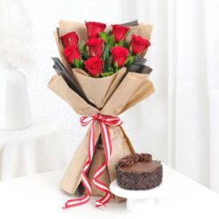Indulge in the harmonious blend of romance and sweetness with our Sweet Symphony - Red Roses Bouquet paired perfectly with a delectable mini cake, a delightful treat for any occasion.