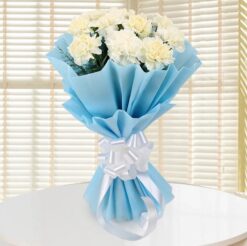 Double-layered bouquet of white carnations, perfect for elegant occasions or expressing purity and grace.