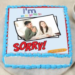 Square photo cake with 'I'm sorry' message, personalized for heartfelt apologies.
