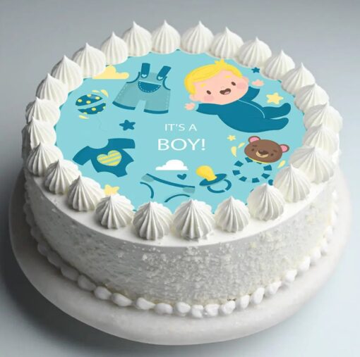 Baby shower poster cake with festive design, perfect for celebrating new beginnings and joyful occasions.