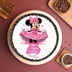Whimsical Minnie Mouse birthday photo cake with customizable decorations