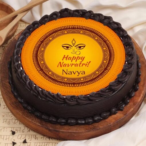 Navratri truffle cake with traditional decorations, ideal for festive celebrations