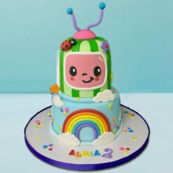 Two-tier rainbow Cocomelon cake with colorful layers, ideal for birthdays and celebrations inspired by the popular children's show.