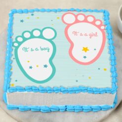 Square baby girl boy cake with charming decorations, perfect for celebrating the joyous occasion of welcoming a new baby.
