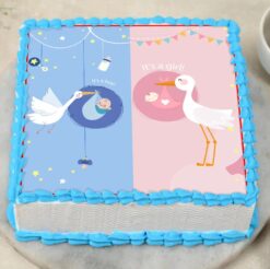 Square baby shower themed cake with charming decorations, ideal for celebrating the arrival of a new baby.