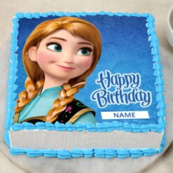 Square Frozen birthday poster cake with vibrant decorations, perfect for a magical birthday celebration with beloved characters and designs.