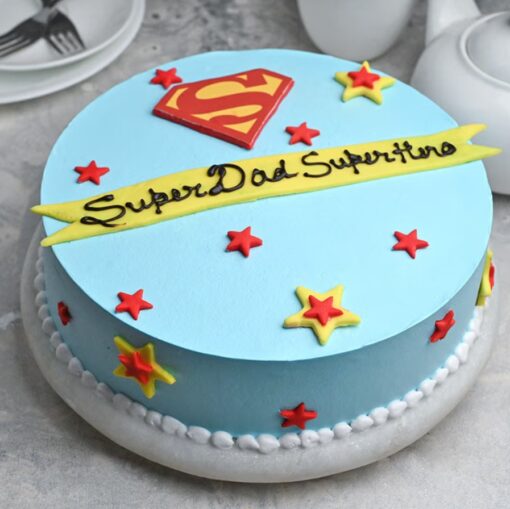 Superman-themed cake for Dad's celebration, featuring heroic decorations and vibrant colors, perfect for honoring his strength and love.